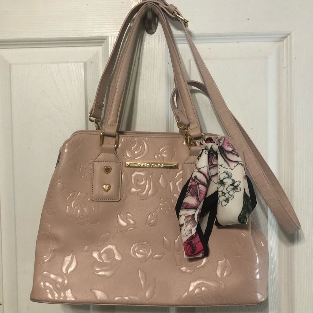 Betsey Johnson Blush Pink Embossed Rose Satchel with Floral Scarf